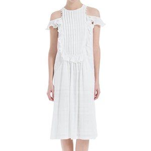 Max Studio NEW Nicolette Ruffled Pleated Cold Shoulder Midi Dress White (Large)